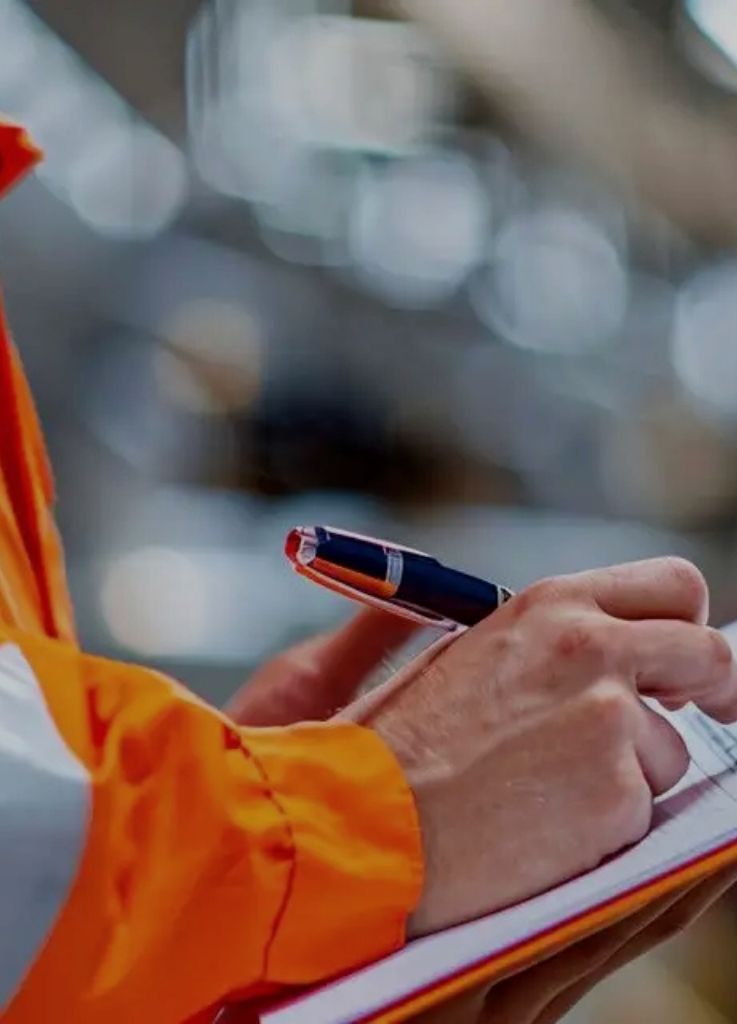 Medewerker in oranje werkjas vult een veiligheidschecklist in tijdens een toolboxmeeting